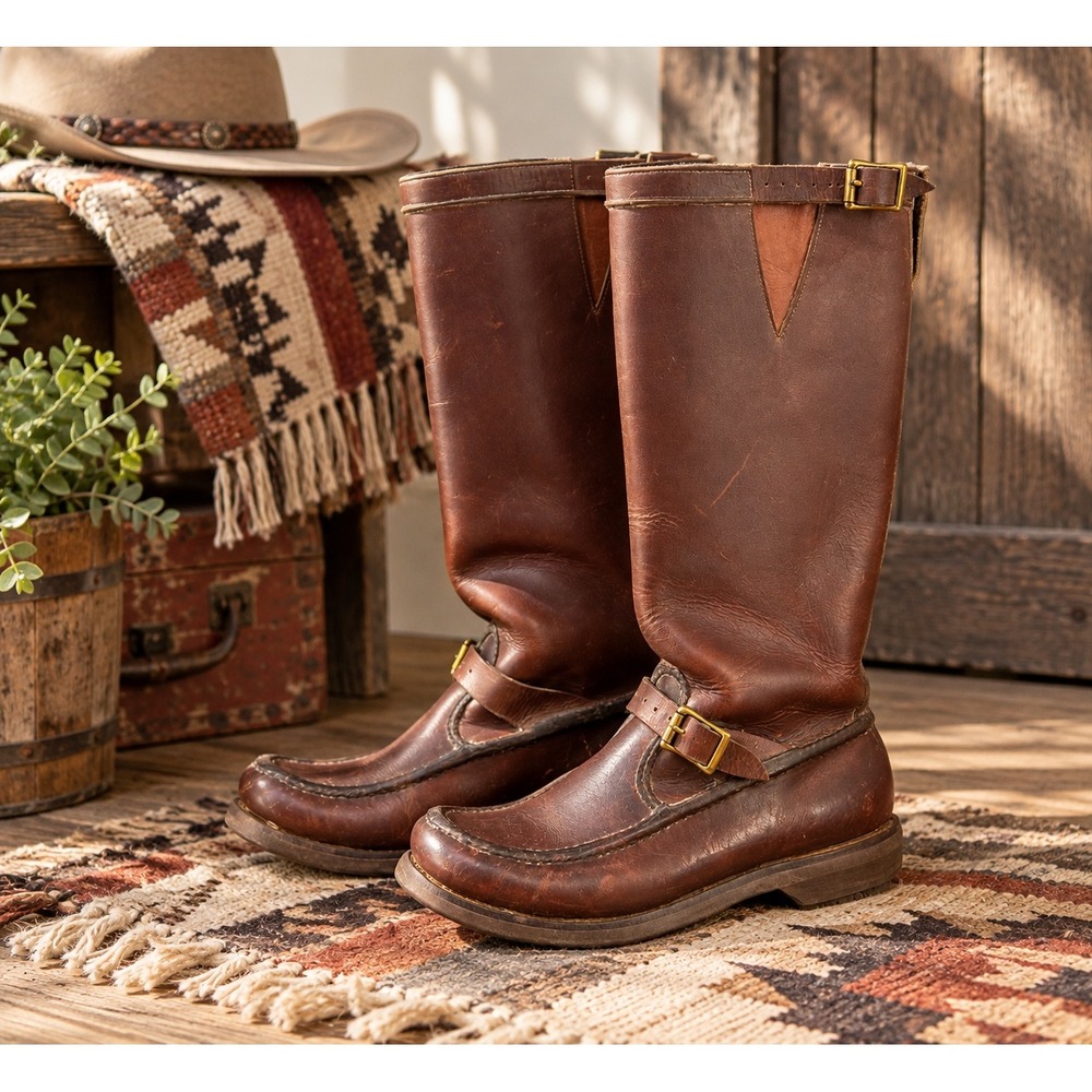 Vintage Gokey Botte Sauvage Brown Leather Hunting Boots Men's 8 Moc Toe Buckle